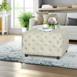 Promo 🌟 Adeco Linen Fabric Standard Ottoman Bench Square Cube Foot Rest Stool Off White 😀
