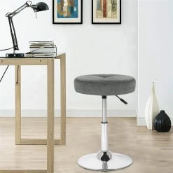 Best deal 🥰 Adeco Makeup Vanity Stool Chair Round Ottoman Tufted 360° Swivel Adjustable - 16.1"x16.1"23.2" Blue-fabric 😀