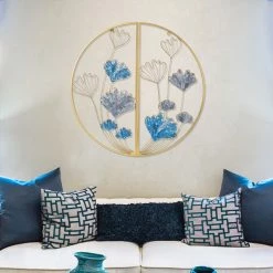 New ⌛ Adeco Metal Ginkgo Leaves Wall Decor Set Of 2 Half Moon Wall Sculpture Blue 💯