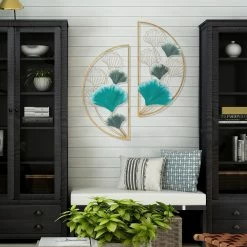 New ⌛ Adeco Metal Ginkgo Leaves Wall Decor Set Of 2 Half Moon Wall Sculpture Blue 💯 -Adeco Shop Adeco Metal Ginkgo Leaves Wall Decor Set of 2 Half Moon Wall Sculpture 6