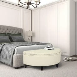 New 🔔 Adeco Modern Half Moon Beige Storage Ottoman 🛒 -Adeco Shop Adeco Modern Half Moon Storage Ottoman Bed Bench2C 4422x1922x17222C Beige