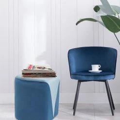 Best Pirce 🥰 Adeco Modern Round Velvet Ottoman Foot Rest Stool Upholstered Footstool Olive/blue 🛒