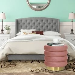 Flash Sale 😀 Adeco Modern Round Velvet Ottoman Upholstered Footrest Makeup Stool Grey 🛒 -Adeco Shop Adeco Modern Round Velvet Ottoman Upholstered Footrest Makeup Stool 12