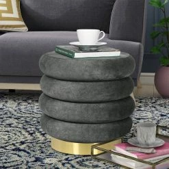 Flash Sale 😀 Adeco Modern Round Velvet Ottoman Upholstered Footrest Makeup Stool Grey 🛒 -Adeco Shop Adeco Modern Round Velvet Ottoman Upholstered Footrest Makeup Stool 5