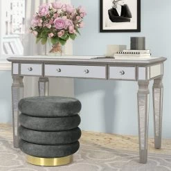 Flash Sale 😀 Adeco Modern Round Velvet Ottoman Upholstered Footrest Makeup Stool Grey 🛒 -Adeco Shop Adeco Modern Round Velvet Ottoman Upholstered Footrest Makeup Stool 6