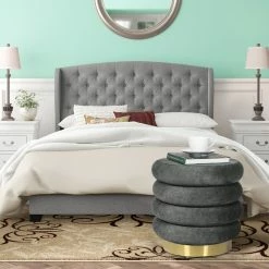 Flash Sale 😀 Adeco Modern Round Velvet Ottoman Upholstered Footrest Makeup Stool Grey 🛒 -Adeco Shop Adeco Modern Round Velvet Ottoman Upholstered Footrest Makeup Stool 7