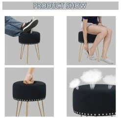 Buy 👍 Adeco Modern Round Velvet Ottoman Vanity Footstool Golden Metal Legs 👏 -Adeco Shop Adeco Modern Round Velvet Ottoman Vanity Footstool Golden Metal Legs 10