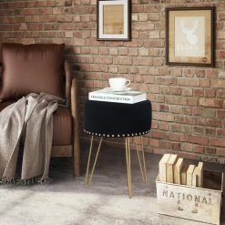 Buy 👍 Adeco Modern Round Velvet Ottoman Vanity Footstool Golden Metal Legs 👏 -Adeco Shop Adeco Modern Round Velvet Ottoman Vanity Footstool Golden Metal Legs 2