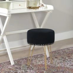 Buy 👍 Adeco Modern Round Velvet Ottoman Vanity Footstool Golden Metal Legs 👏