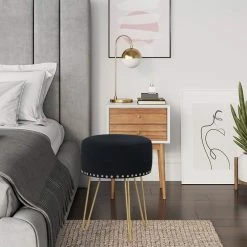 Buy 👍 Adeco Modern Round Velvet Ottoman Vanity Footstool Golden Metal Legs 👏 -Adeco Shop Adeco Modern Round Velvet Ottoman Vanity Footstool Golden Metal Legs 3