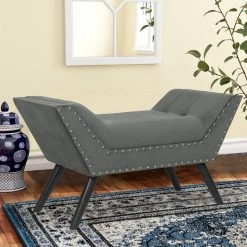 Best Pirce ✨ Adeco Modern Upholstered Fabric Ottoman Bench Tufted Wooden Legs ⌛