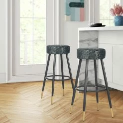 Cheap ❤️ Adeco Modern Velvet Bar Stools Set Of 2 Round Breakfast Footrest - 20.5"D X 20.5"W X 29.5"H. Grey 🌟