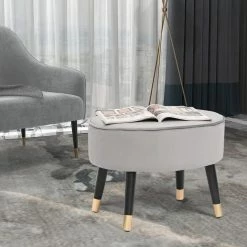 Wholesale 🔥 Adeco Ottoman Foot Stool Rest Velvet Oval Vanity Stool Bench Wood Legs 🛒