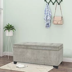 Hot Sale 🛒 Adeco Rectangular Storage Ottoman Bench Fabric Linen Footstool Assembly Required Grey 🔥 -Adeco Shop Adeco Rectangular Storage Ottoman Bench Fabric Linen Footstool Assembly Required 10