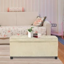 Hot Sale 🛒 Adeco Rectangular Storage Ottoman Bench Fabric Linen Footstool Assembly Required Grey 🔥