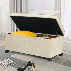 Hot Sale 🛒 Adeco Rectangular Storage Ottoman Bench Fabric Linen Footstool Assembly Required Grey 🔥 -Adeco Shop Adeco Rectangular Storage Ottoman Bench Fabric Linen Footstool Assembly Required 3