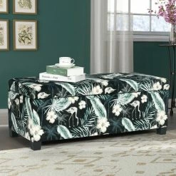 New 🌟 Adeco Rectangular Storage Ottoman Bench Fabric Linen Upholstered Floral ✨