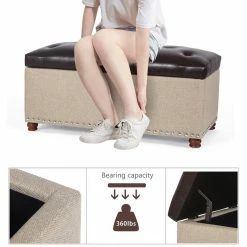 New 💯 Adeco Rectangular Storage Ottoman Tufted Faux-Leather Bench Lifted Top Black ✨ -Adeco Shop Adeco Rectangular Storage Ottoman Tufted Faux Leather Bench Lifted Top 13