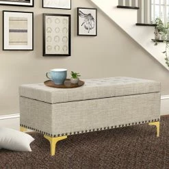 Wholesale ❤️ Adeco Rectangular Storage Ottoman Tufted Lift Top Bench Footstool Linen Dark Grey 👍