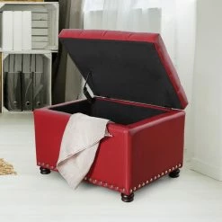 New 🔥 Adeco Red Leather Rectangular Storage Ottoman With Lid 💯 -Adeco Shop Adeco Red Leather Rectangular Storage Ottoman with Lid 1
