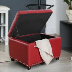 New 🔥 Adeco Red Leather Rectangular Storage Ottoman With Lid 💯 -Adeco Shop Adeco Red Leather Rectangular Storage Ottoman with Lid 2