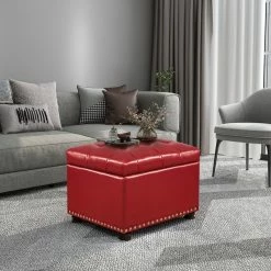 New 🔥 Adeco Red Leather Rectangular Storage Ottoman With Lid 💯 -Adeco Shop Adeco Red Leather Rectangular Storage Ottoman with Lid