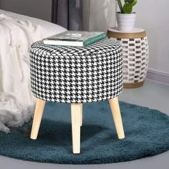 Brand new 🎁 Adeco Round Fabric Footrest Stool Ottoman Padded Seat And Wooden Legs Black/white 🎉 -Adeco Shop Adeco Round Fabric Footrest Stool Ottoman Padded Seat and Wooden Legs 8