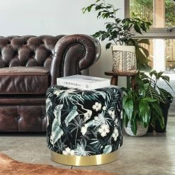 Best Pirce 🎁 Adeco Round Flower Velvet Ottoman Foot Stool With Gold Trim Foot Rest ✔️ -Adeco Shop Adeco Round Flower Velvet Ottoman Foot Stool with Gold Trim Foot Rest 2