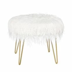 Hot Sale 💯 Adeco Round Footrest Faux Fur Ottoman Vanity Chair Fluffy Cushion White 🎁 -Adeco Shop Adeco Round Footrest Faux Fur Ottoman Vanity Chair Fluffy Cushion 2