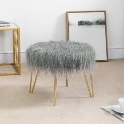 Hot Sale 💯 Adeco Round Footrest Faux Fur Ottoman Vanity Chair Fluffy Cushion White 🎁 -Adeco Shop Adeco Round Footrest Faux Fur Ottoman Vanity Chair Fluffy Cushion 8