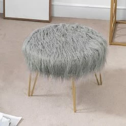 Hot Sale 💯 Adeco Round Footrest Faux Fur Ottoman Vanity Chair Fluffy Cushion White 🎁 -Adeco Shop Adeco Round Footrest Faux Fur Ottoman Vanity Chair Fluffy Cushion 9