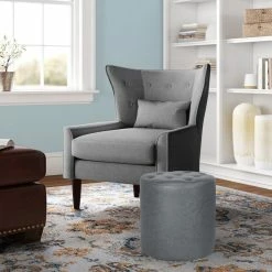 Cheapest 🌟 Adeco Round Footrest Ottoman Upholstered Tufted Faux Leather Footstools Grey 👏 -Adeco Shop Adeco Round Footrest Ottoman Upholstered Tufted Leather Footstools 19