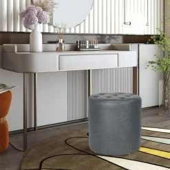 Cheapest 🌟 Adeco Round Footrest Ottoman Upholstered Tufted Faux Leather Footstools Grey 👏 -Adeco Shop Adeco Round Footrest Ottoman Upholstered Tufted Leather Footstools 22