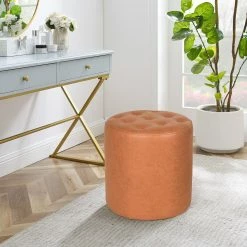 Deals 👏 Adeco Round Footrest Ottoman Upholstered Tufted Leather Footstools 😉
