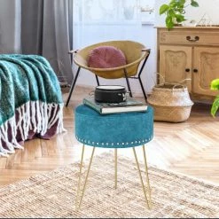 New 😍 Adeco Round Footstool Ottoman Velvet 👗 Dressing Stool Gold Metal Legs Light Blue 😀 -Adeco Shop Adeco Round Footstool Ottoman Velvet Dressing Stool Gold Metal Legs 12