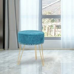 New 😍 Adeco Round Footstool Ottoman Velvet 👗 Dressing Stool Gold Metal Legs Light Blue 😀 -Adeco Shop Adeco Round Footstool Ottoman Velvet Dressing Stool Gold Metal Legs 13