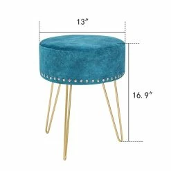 New 😍 Adeco Round Footstool Ottoman Velvet 👗 Dressing Stool Gold Metal Legs Light Blue 😀 -Adeco Shop Adeco Round Footstool Ottoman Velvet Dressing Stool Gold Metal Legs 14