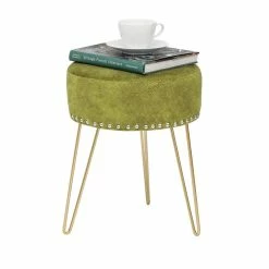 New 😍 Adeco Round Footstool Ottoman Velvet 👗 Dressing Stool Gold Metal Legs Light Blue 😀 -Adeco Shop Adeco Round Footstool Ottoman Velvet Dressing Stool Gold Metal Legs 3