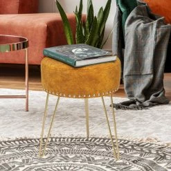 New 😍 Adeco Round Footstool Ottoman Velvet 👗 Dressing Stool Gold Metal Legs Light Blue 😀 -Adeco Shop Adeco Round Footstool Ottoman Velvet Dressing Stool Gold Metal Legs 6