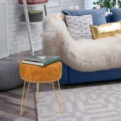 New 😍 Adeco Round Footstool Ottoman Velvet 👗 Dressing Stool Gold Metal Legs Light Blue 😀 -Adeco Shop Adeco Round Footstool Ottoman Velvet Dressing Stool Gold Metal Legs 7