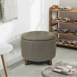 Best deal 🔔 Adeco Round Linen Storage Ottoman Tufted Fabric Footstool With Lid Beige 🎁 -Adeco Shop Adeco Round Linen Storage Ottoman Tufted Fabric Footstool with Lid 6