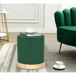 Flash Sale 😉 Adeco Round Ottoman Footstool Velvet Padded Vanity Stool Gold Trim Pink 🧨