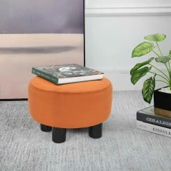 Hot Sale 🔔 Adeco Round Ottoman Velvet Footrest Stool Modern Padded Seat Footstool Orange 🔔 -Adeco Shop Adeco Round Ottoman Velvet Footrest Stool Modern Padded Seat Footstool 10