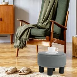 Hot Sale 🔔 Adeco Round Ottoman Velvet Footrest Stool Modern Padded Seat Footstool Orange 🔔 -Adeco Shop Adeco Round Ottoman Velvet Footrest Stool Modern Padded Seat Footstool 2