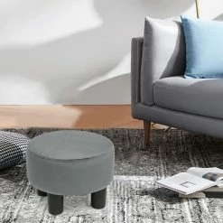 Hot Sale 🔔 Adeco Round Ottoman Velvet Footrest Stool Modern Padded Seat Footstool Orange 🔔