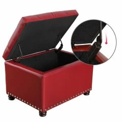 New 🔥 Adeco Red Leather Rectangular Storage Ottoman With Lid 💯 -Adeco Shop Adeco Round Red Leather Rectangular Storage Ottoman with Lid 2