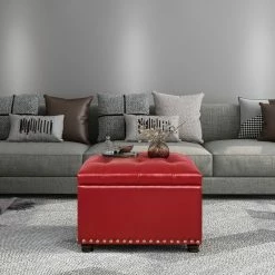 New 🔥 Adeco Red Leather Rectangular Storage Ottoman With Lid 💯