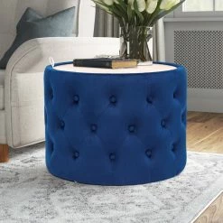 Best Sale ✨ Adeco Round Storage Ottoman Coffee Table Velvet Wooden Lid Foot Stool Grey 👏
