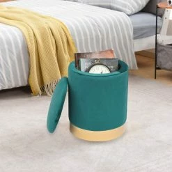 Buy 👍 Adeco Round Storage Ottoman Footstool Rest Velvet Gold Plating Base Yellow ❤️ -Adeco Shop Adeco Round Storage Ottoman Footstool Rest Velvet Gold Plating Base 7