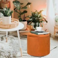 Best Pirce 👏 Adeco Round Storage Ottoman Velvet Footrest Stool With Removable Lid Orange 🎁 -Adeco Shop Adeco Round Storage Ottoman Velvet Footrest Stool With Removable Lid 10